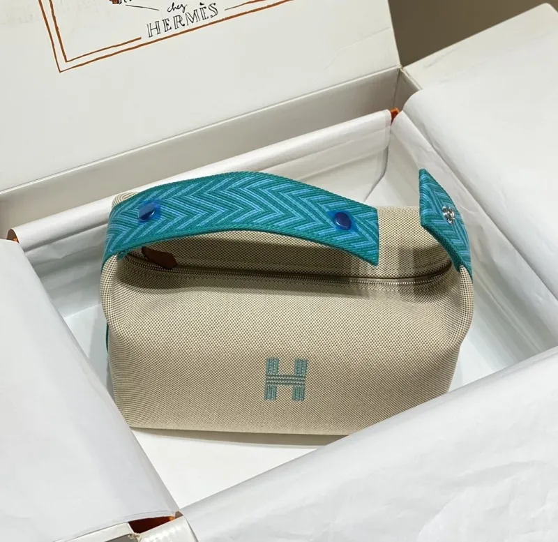 Hermes Beige Turquoise Canvas Cosmetic Bag - Image 3