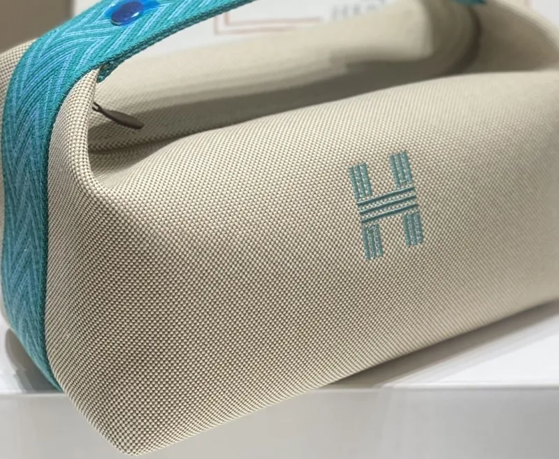 Hermes Beige Turquoise Canvas Cosmetic Bag - Image 6
