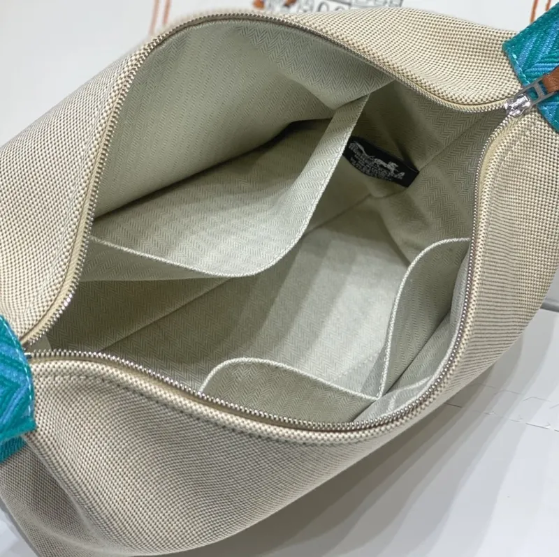 Hermes Beige Turquoise Canvas Cosmetic Bag - Image 9
