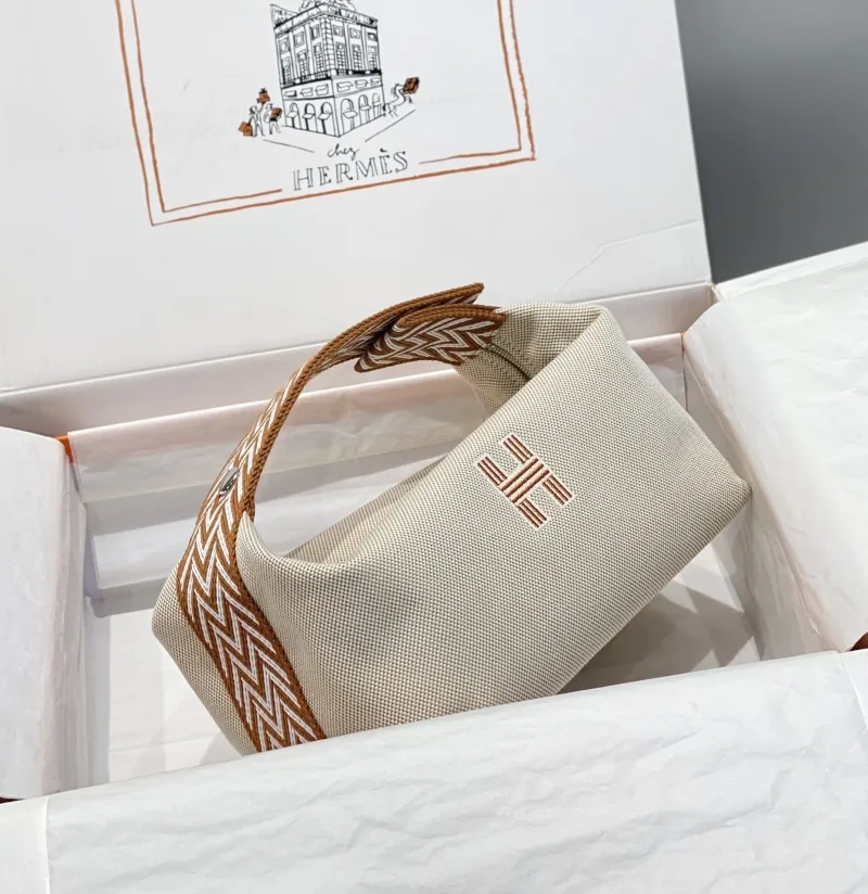 Hermes Beige Canvas Travel Cosmetic Pouch