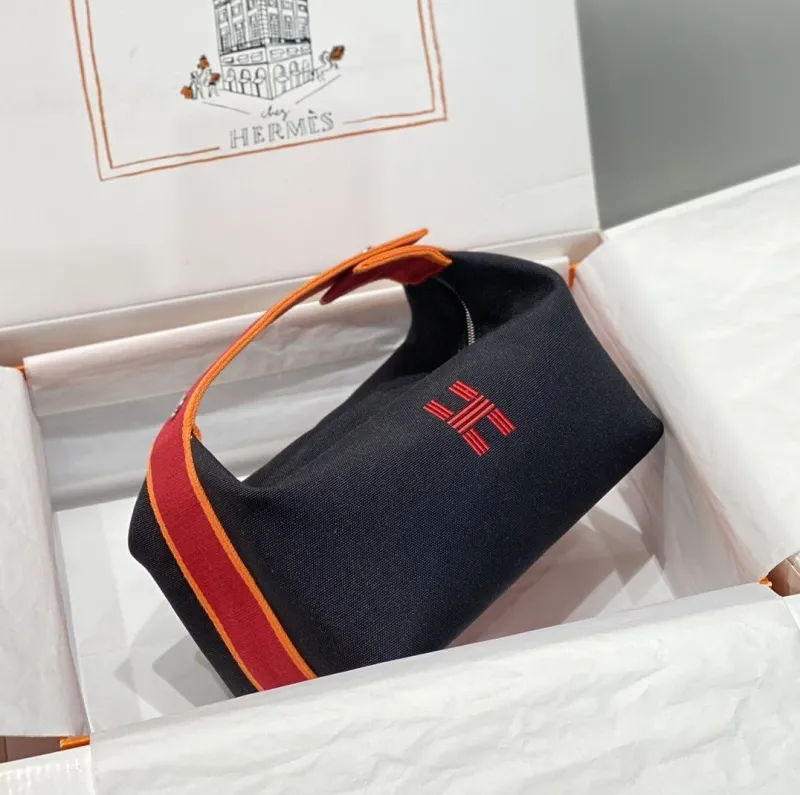Hermes Black Red Orange Trim Cosmetic Bag 61