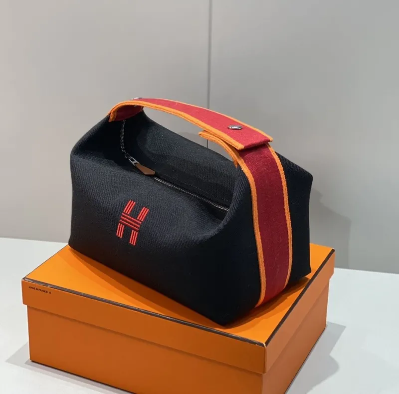 Hermes Black Red Orange Trim Cosmetic Bag 61 - Image 4