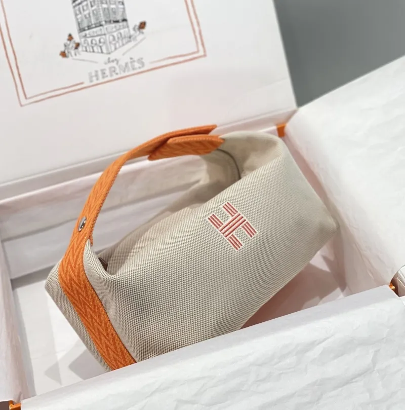 Hermes Beige Orange Canvas Cosmetic Bag