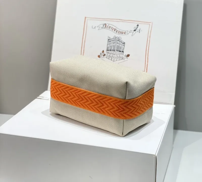 Hermes Beige Orange Canvas Cosmetic Bag - Image 3