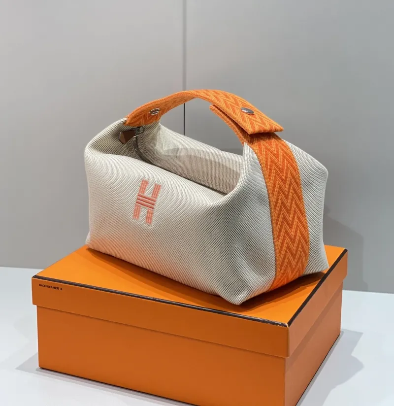Hermes Beige Orange Canvas Cosmetic Bag - Image 4