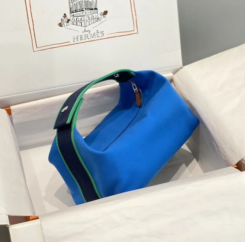 Hermes Blue Canvas Cosmetic Travel Bag 66
