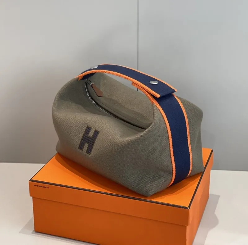 Hermes Khaki Navy Orange Trim Cosmetic Bag 67