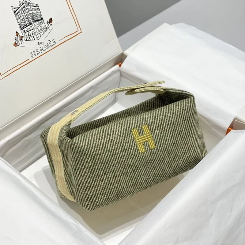 Hermes Green Striped Cosmetic Bag with Handle