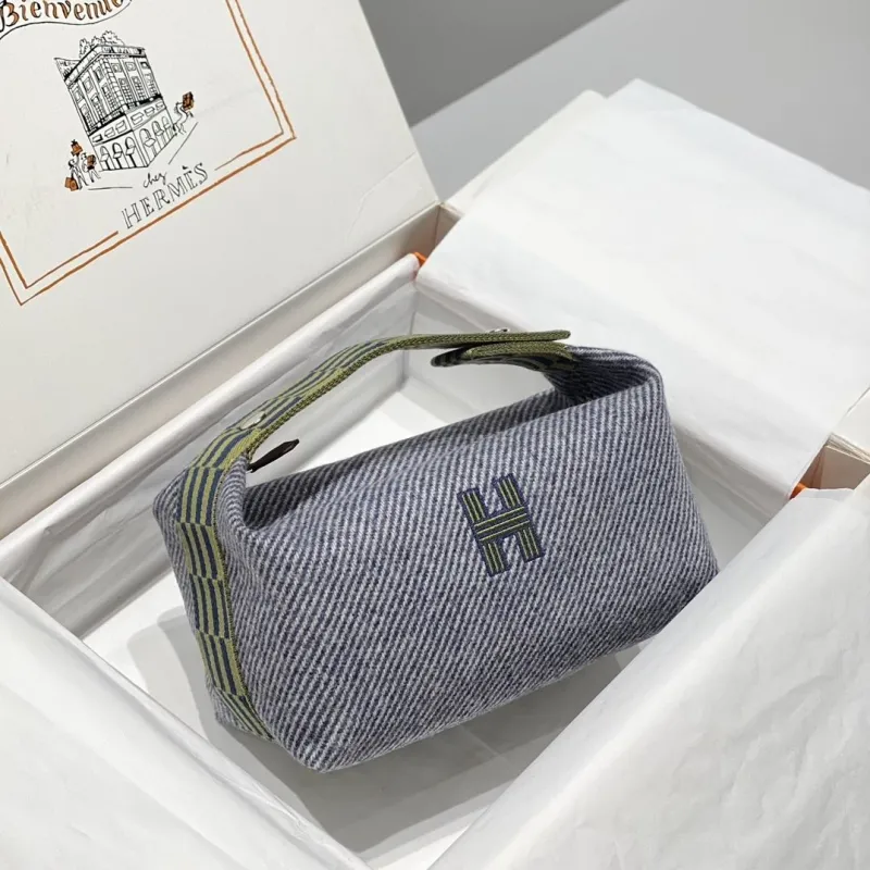 Hermes Gray Striped Cosmetic Bag