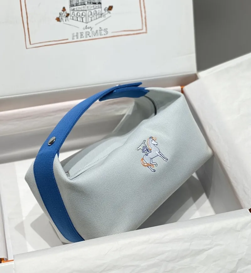 Hermes Light Gray Blue Canvas Cosmetic Bag