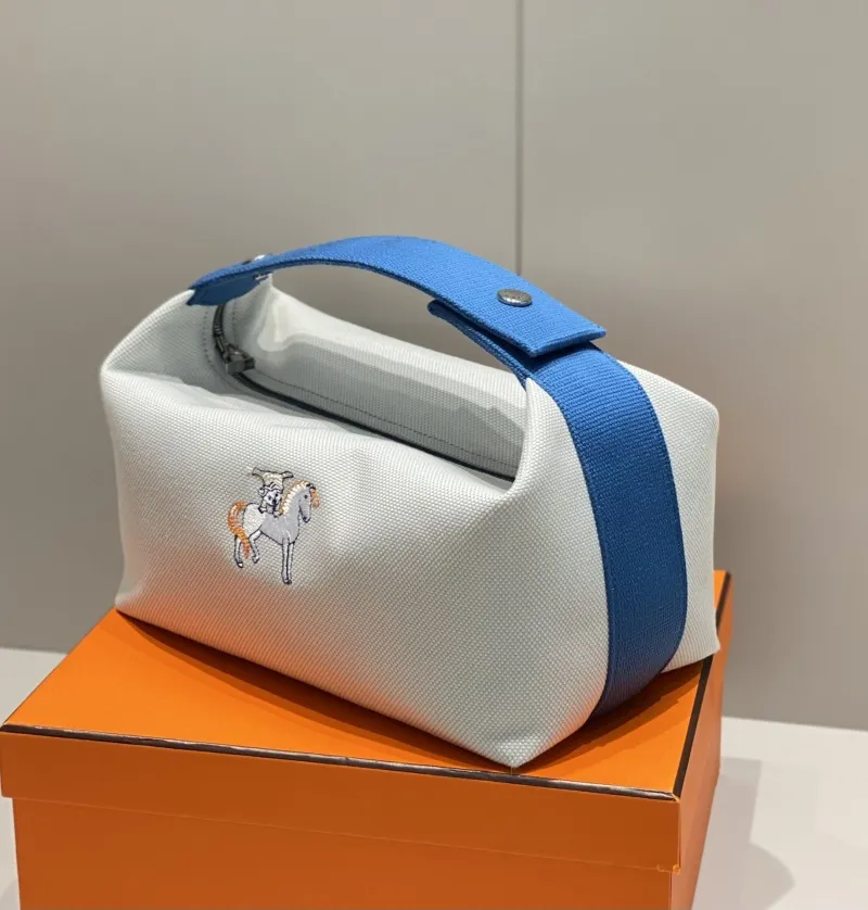 Hermes Light Gray Blue Canvas Cosmetic Bag - Image 4