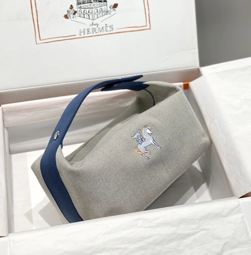 Hermes Gray Blue Canvas Cosmetic Bag