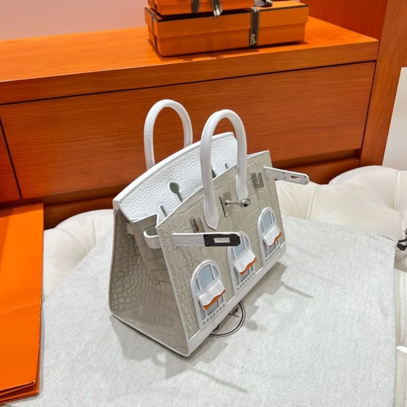Hermes Faubourg Birkin Leather Handbag White Gray - Image 4