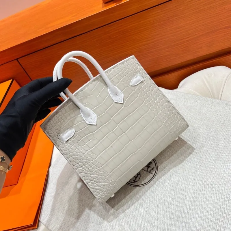 Hermes Faubourg Birkin Leather Handbag White Gray - Image 6