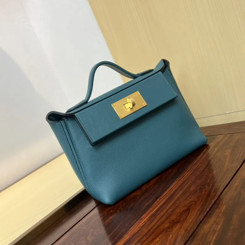 Hermes Kelly 2424 Mini Teal Leather Handbag - Image 3