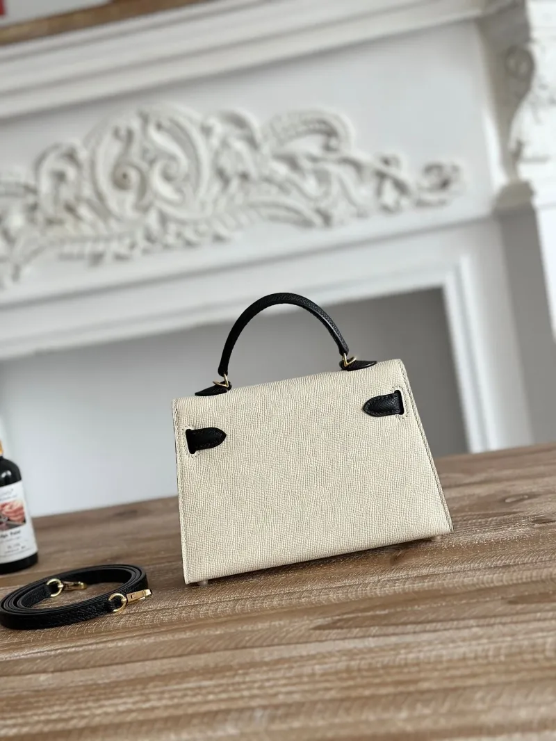 Hermes Mini Kelly Cream Black Leather Handbag - Image 3