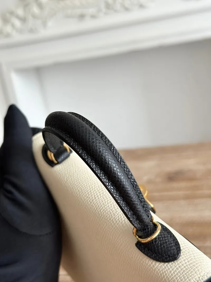 Hermes Mini Kelly Cream Black Leather Handbag - Image 5