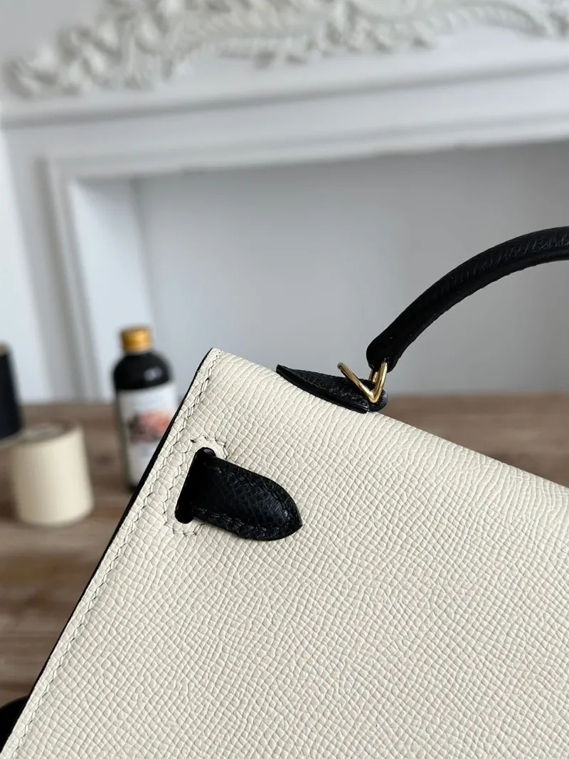 Hermes Mini Kelly Cream Black Leather Handbag - Image 6