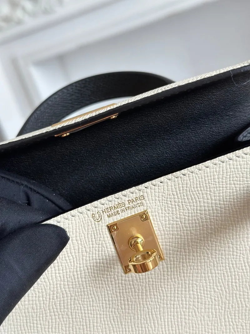Hermes Mini Kelly Cream Black Leather Handbag - Image 8