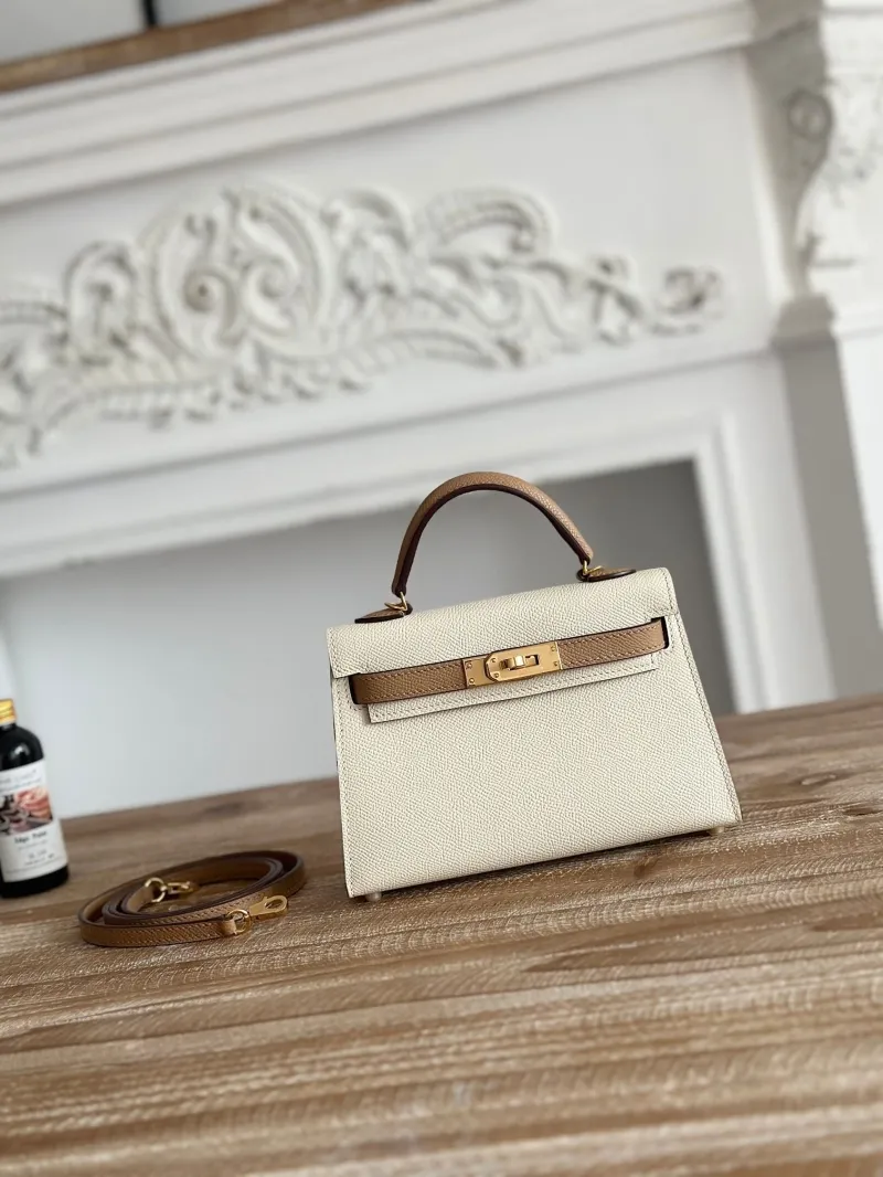 Hermes Cream Brown Mini Kelly Handbag with Strap