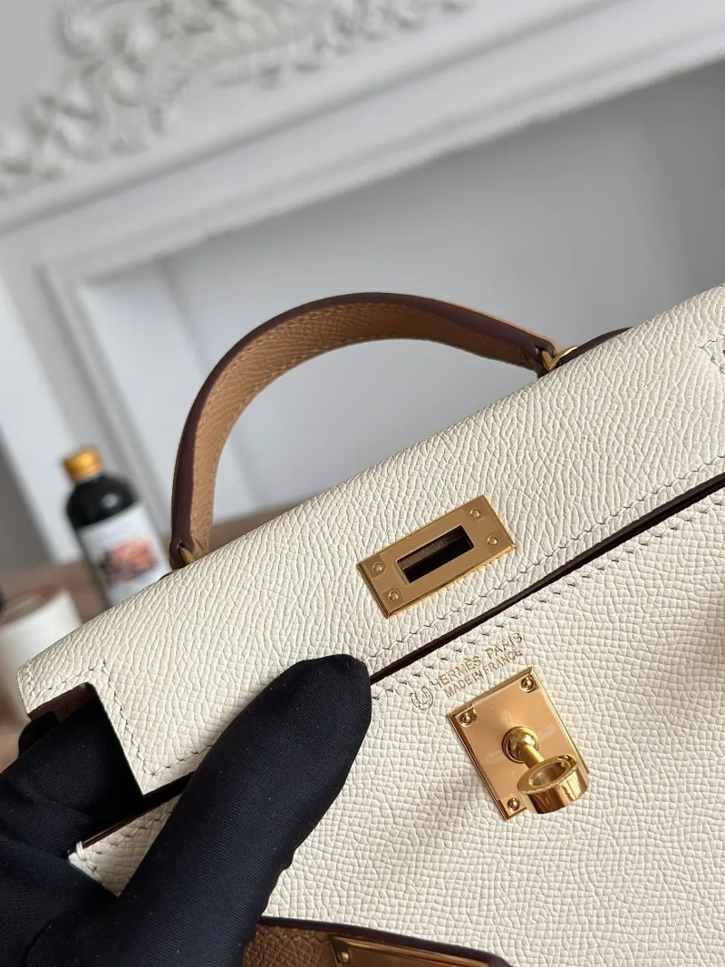 Hermes Cream Brown Mini Kelly Handbag with Strap - Image 7
