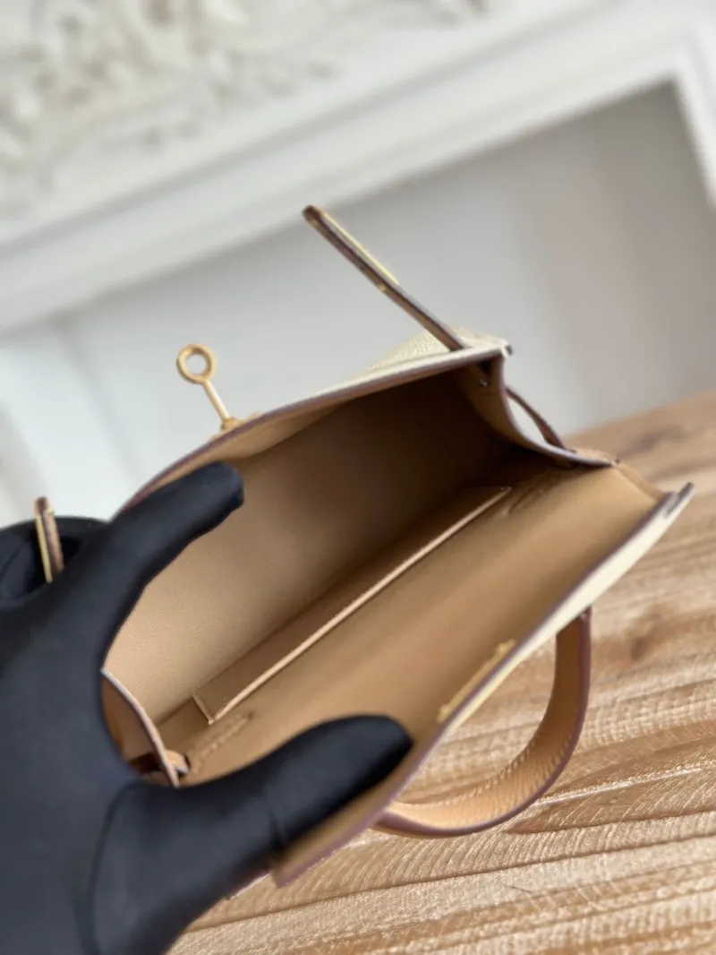 Hermes Cream Brown Mini Kelly Handbag with Strap - Image 9