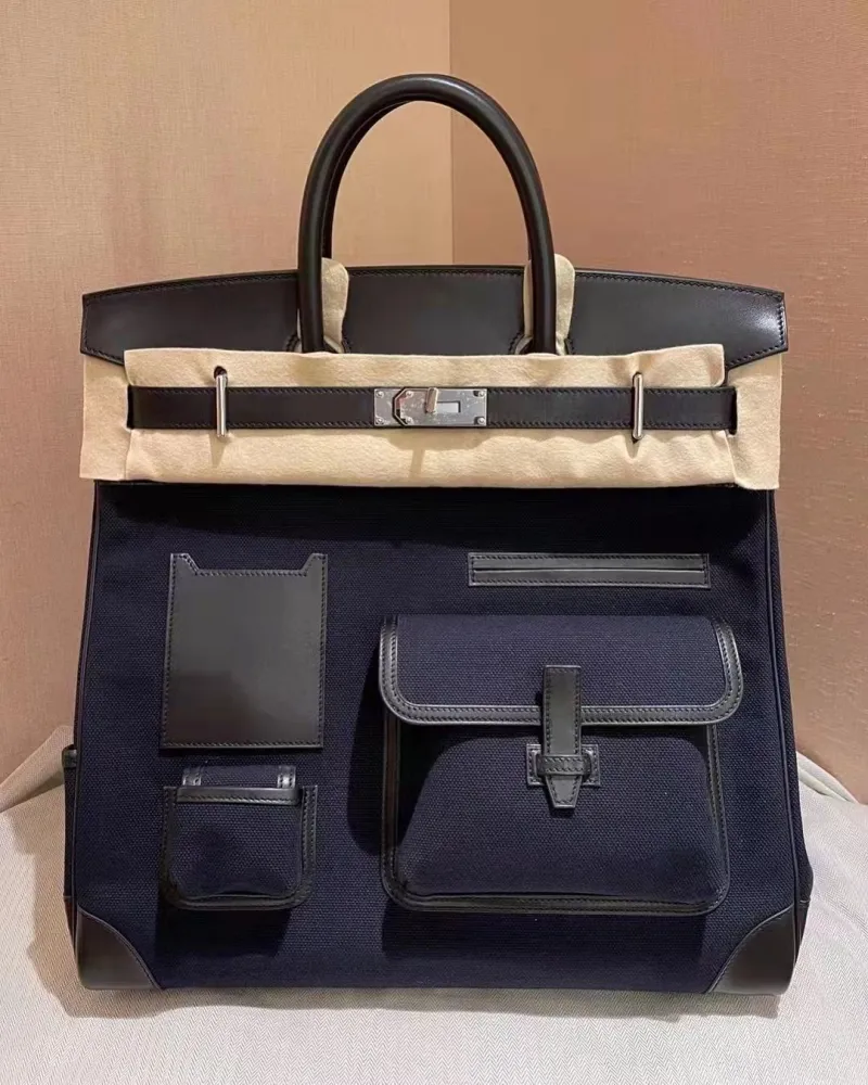 Hermes Navy Leather Canvas Kelly Handbag 125