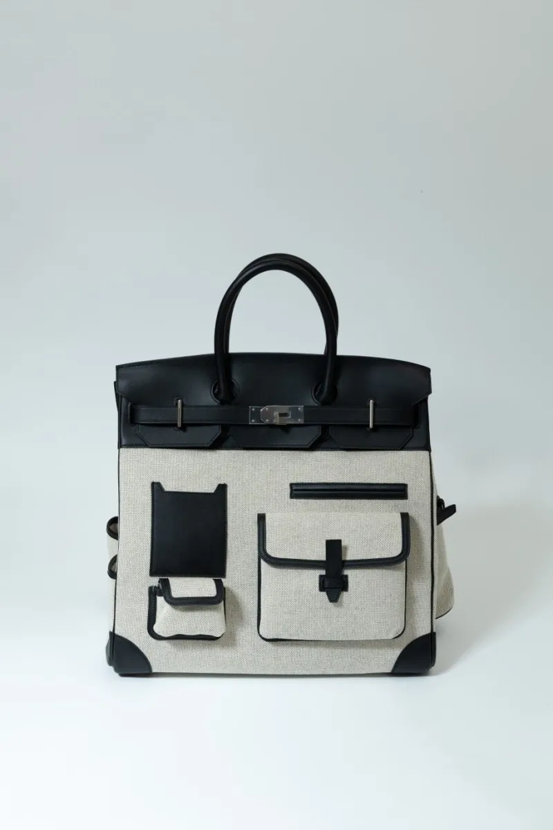 Hermes Kelly 126 Beige Black Canvas Leather Tote Bag