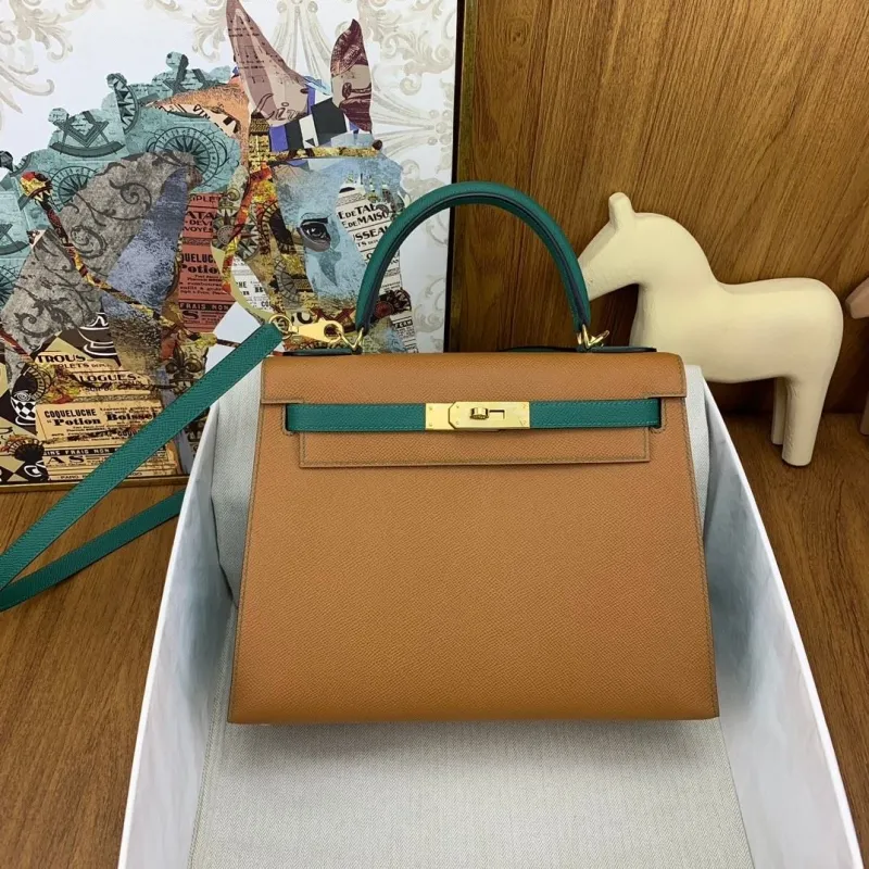 Hermes Kelly Tan Green Leather Handbag 131