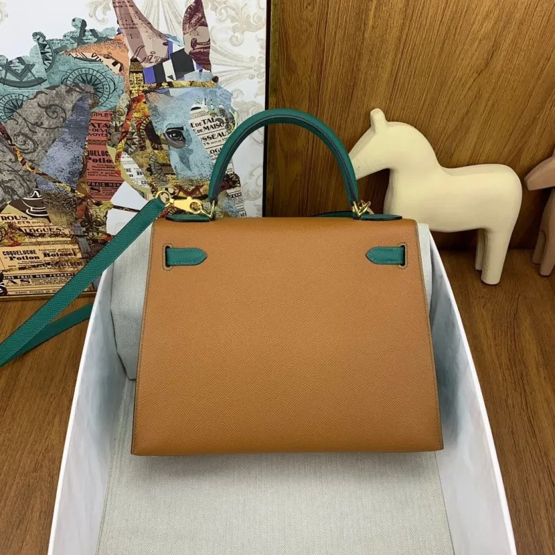 Alternative view of Hermes Kelly Tan Green Leather Handbag 131