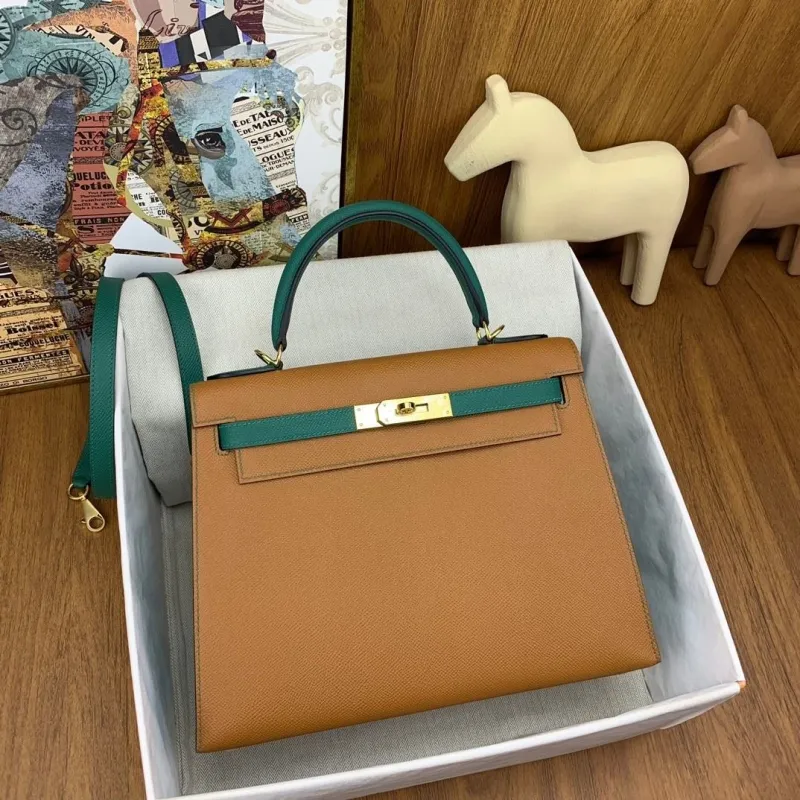 Hermes Kelly Tan Green Leather Handbag 131 - Image 3