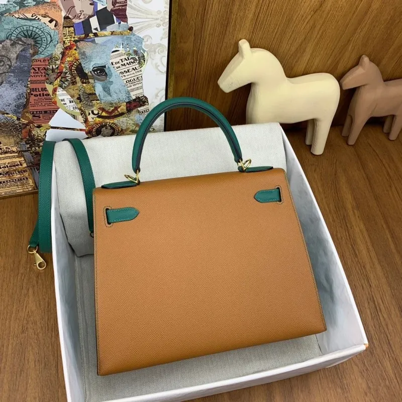 Hermes Kelly Tan Green Leather Handbag 131 - Image 4