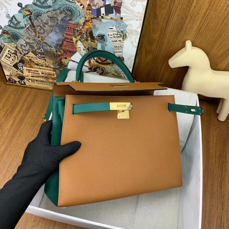 Hermes Kelly Tan Green Leather Handbag 131 - Image 5