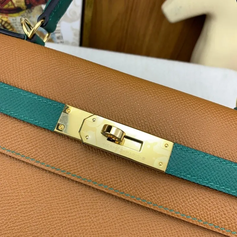 Hermes Kelly Tan Green Leather Handbag 131 - Image 6