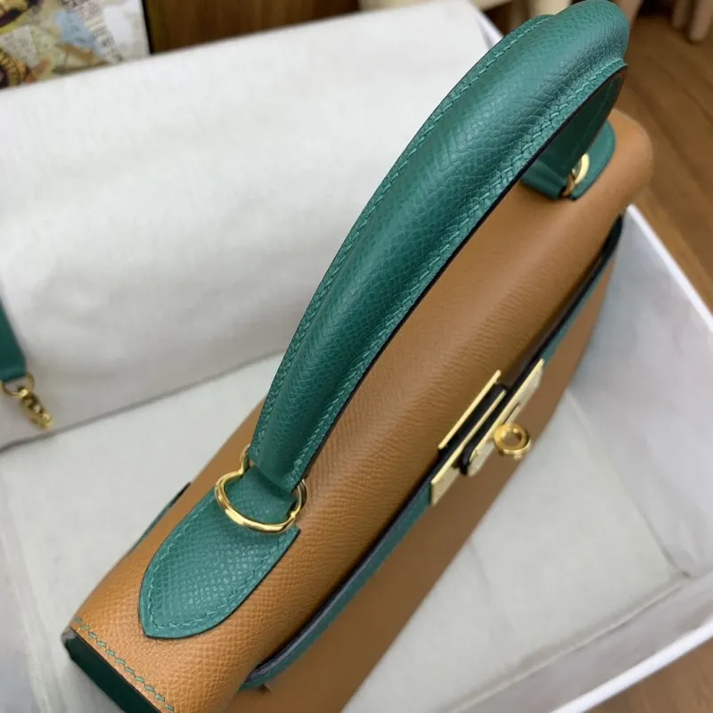 Hermes Kelly Tan Green Leather Handbag 131 - Image 7