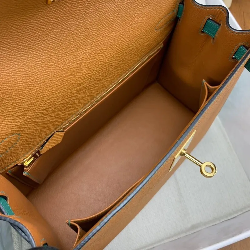 Hermes Kelly Tan Green Leather Handbag 131 - Image 8
