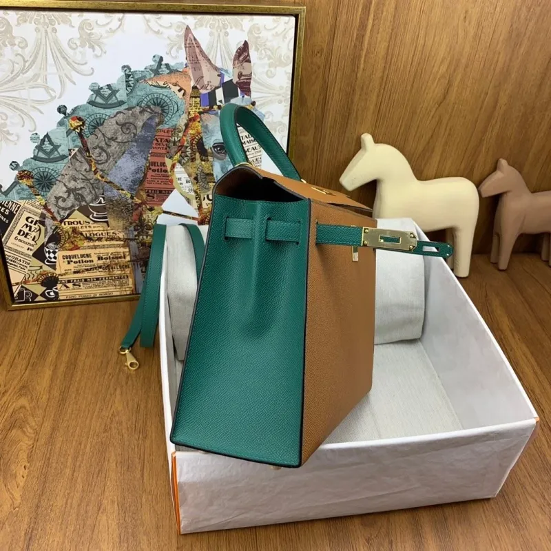 Hermes Kelly Tan Green Leather Handbag 131 - Image 9