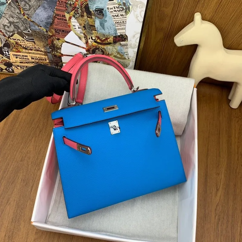 Hermes Kelly Blue Pink Handbag 132 - Image 4