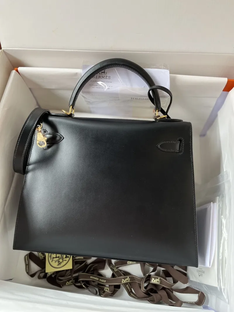 Hermes Black Leather Kelly Handbag - Image 6