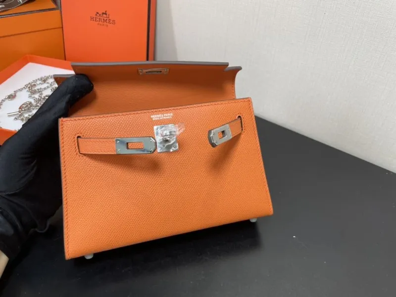 Hermes Orange Mini Kelly Leather Handbag - Image 7
