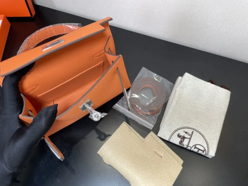 Hermes Orange Mini Kelly Leather Handbag - Image 8