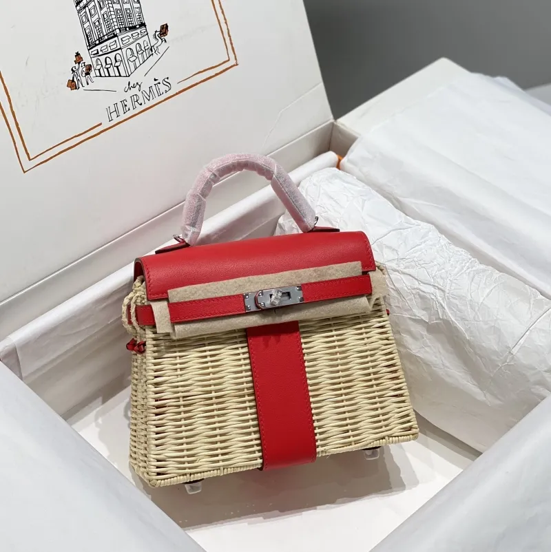 Hermes Kelly Wicker Picnic Bag Red Leather 535