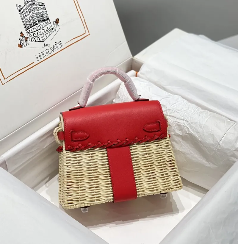 Alternative view of Hermes Kelly Wicker Picnic Bag Red Leather 535