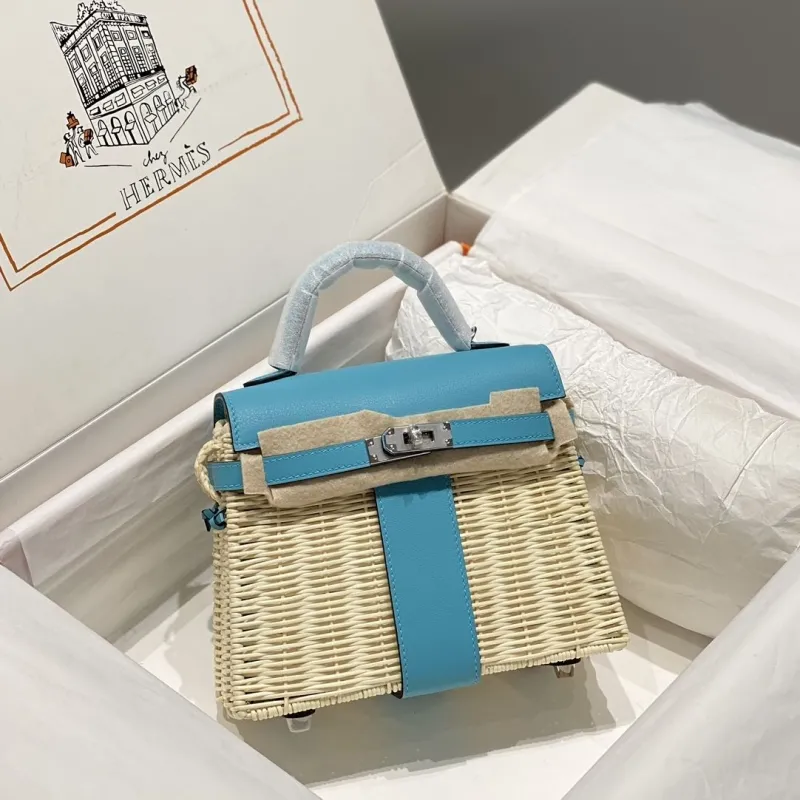 Hermes Kelly Blue Wicker Handbag