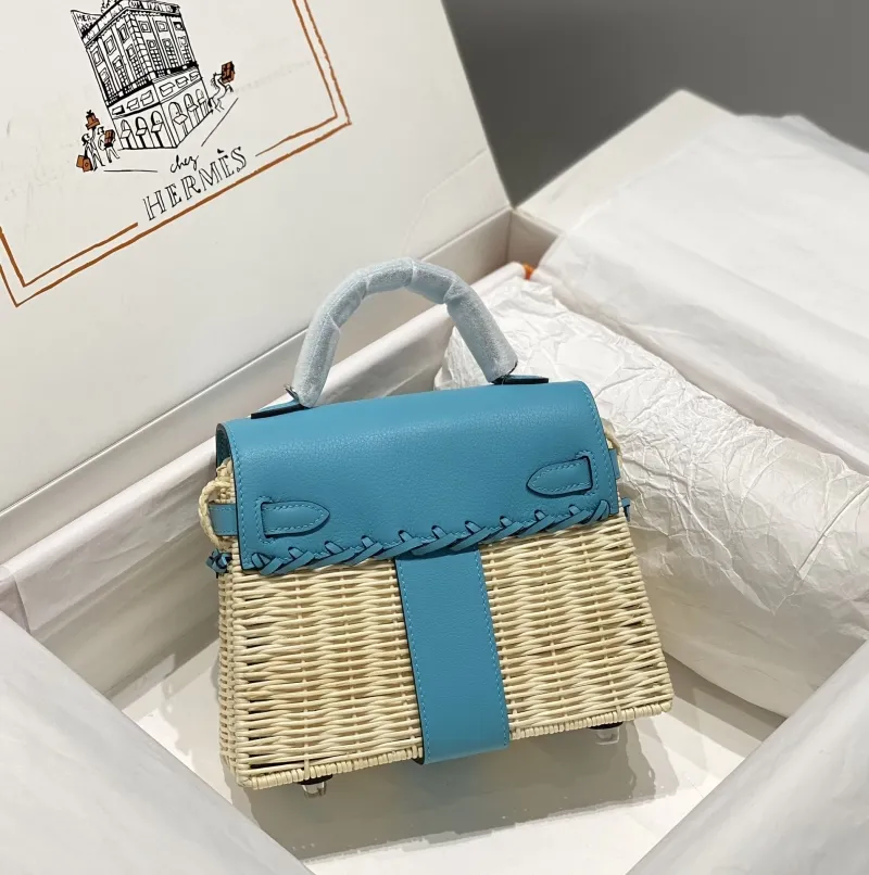 Alternative view of Hermes Kelly Blue Wicker Handbag