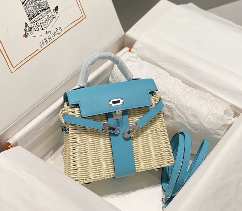Hermes Kelly Blue Wicker Handbag - Image 3