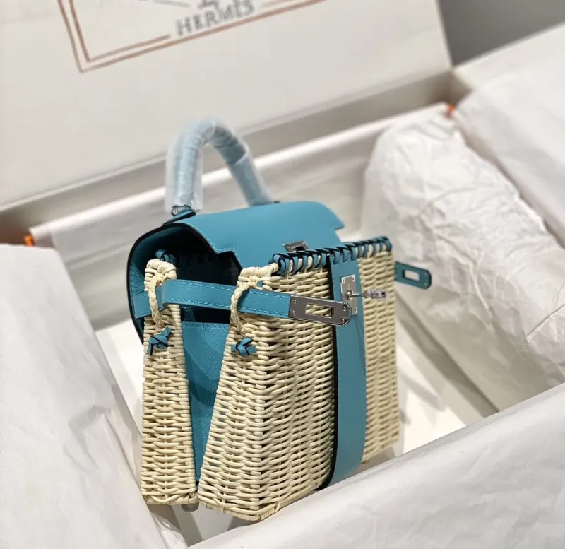 Hermes Kelly Blue Wicker Handbag - Image 4