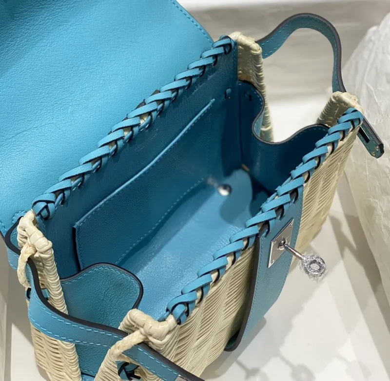 Hermes Kelly Blue Wicker Handbag - Image 5
