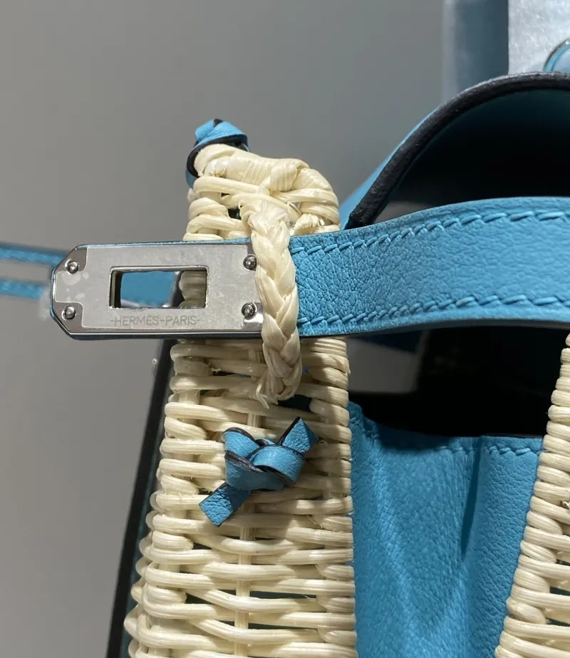 Hermes Kelly Blue Wicker Handbag - Image 7