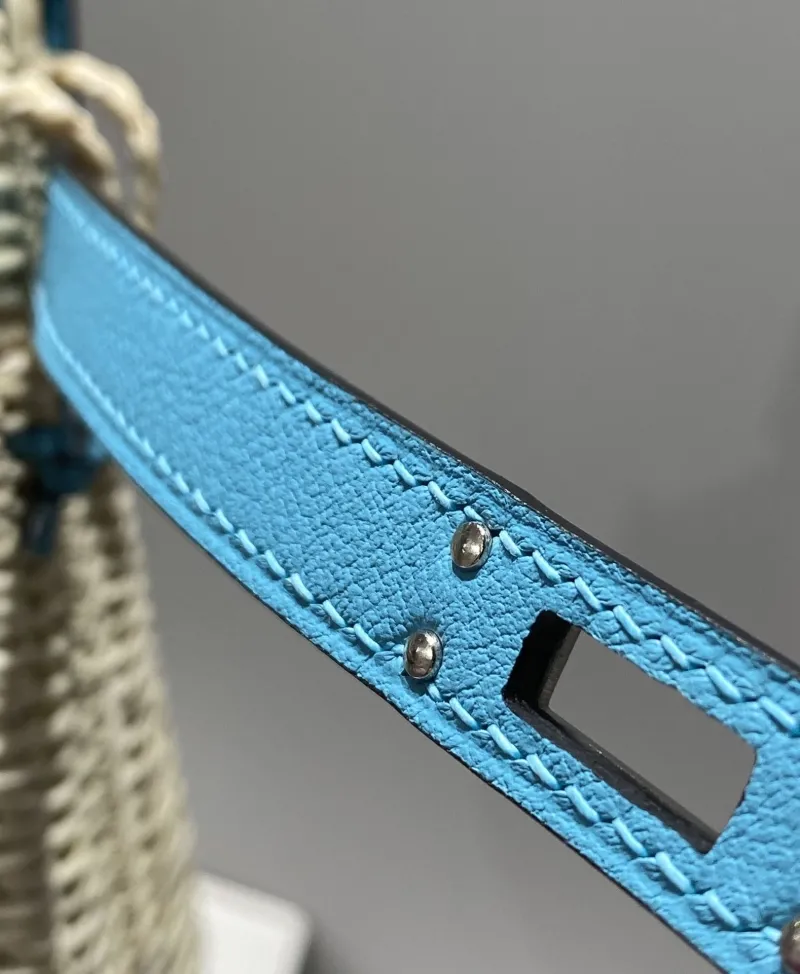 Hermes Kelly Blue Wicker Handbag - Image 8